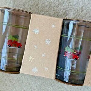 NEW S4 Pottery Barn Christmas Car Juice Glasses | Woody Juice Glass 3265753 NIB